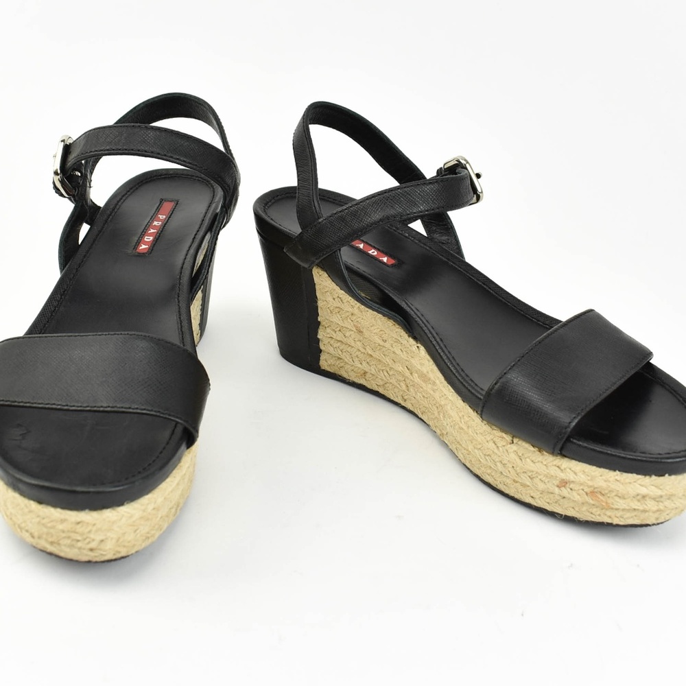 PRADA Black Saffiano Leather Logo Espadrille Wedge
